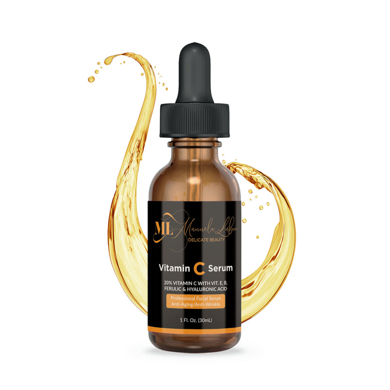 bottle of anti-aging vitamin C serum from ML Delicate Beauty, with a background of vibrant green leaves, a halved lemon and gently splashing water