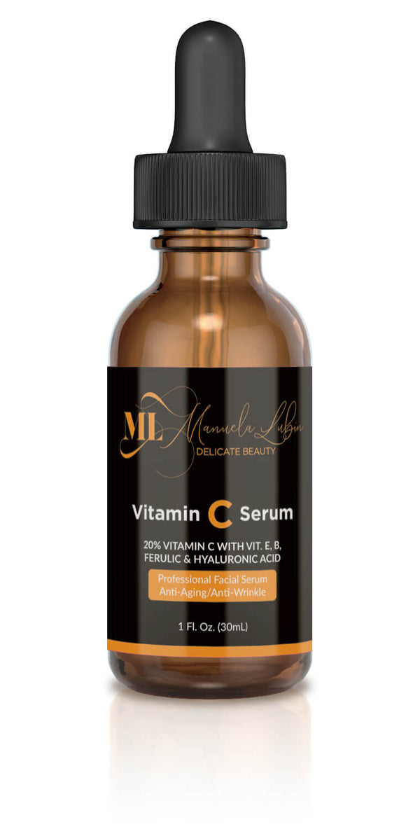 front-view bottle of anti aging vitamin C serum from ML Delicate Beauty